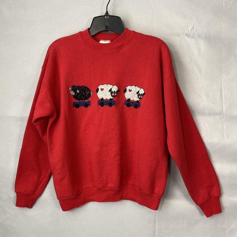 VTG Sweatshirt Cross stitch M Red Black Sheep Embroidered Grannycore 80s Crew